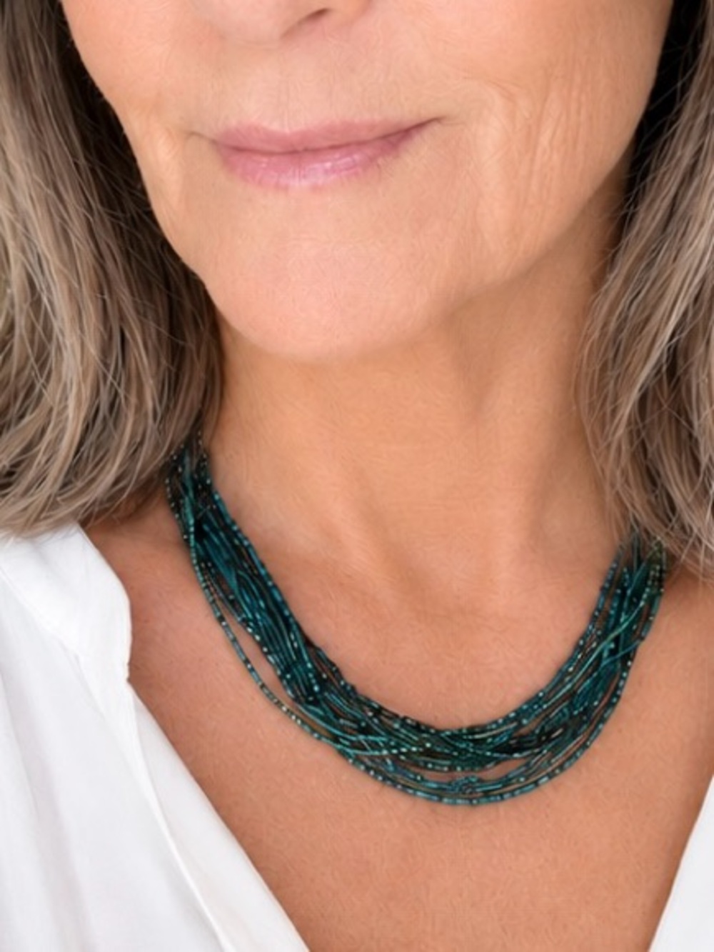 Multi-Strand Teal Beaded Necklace Seed beads Emerald & blue-green mix